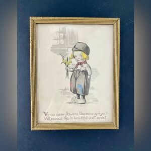 Antique Framed Under Glass Victorian Print Dutch Boy With Flowers 9.5x7.5 c1912